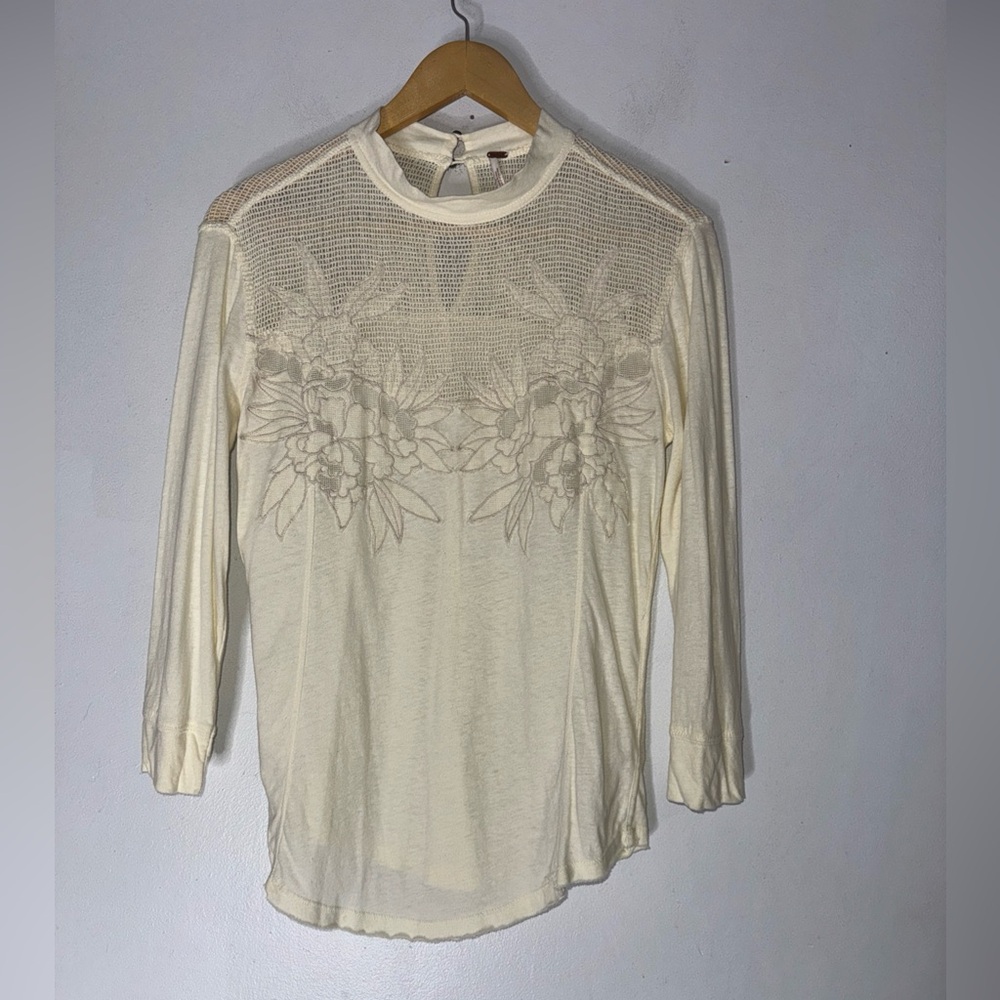 Free People Cream Long Sleeve Floral Mesh Yoke Tee